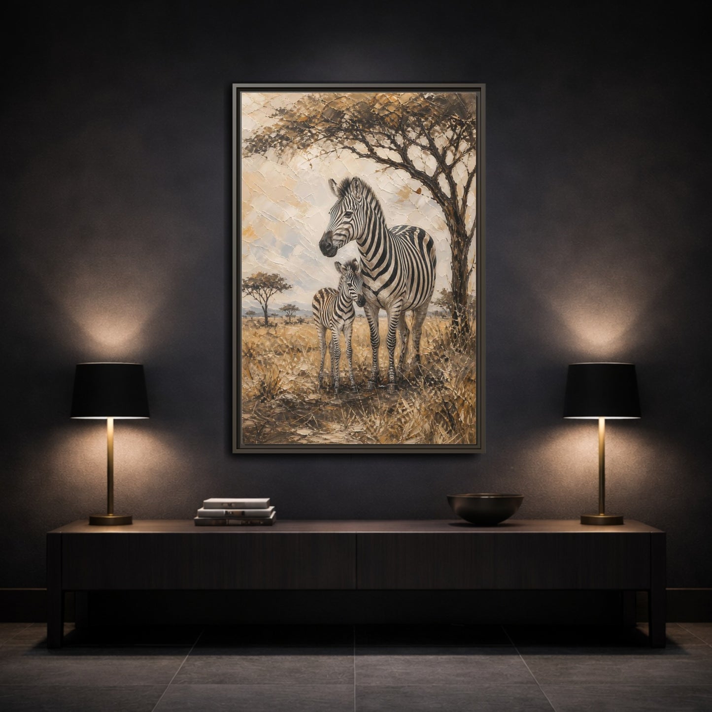 Mockup 3. Animals Zebra Family Brown And Beige Zebras shown as stretched canvas wall art