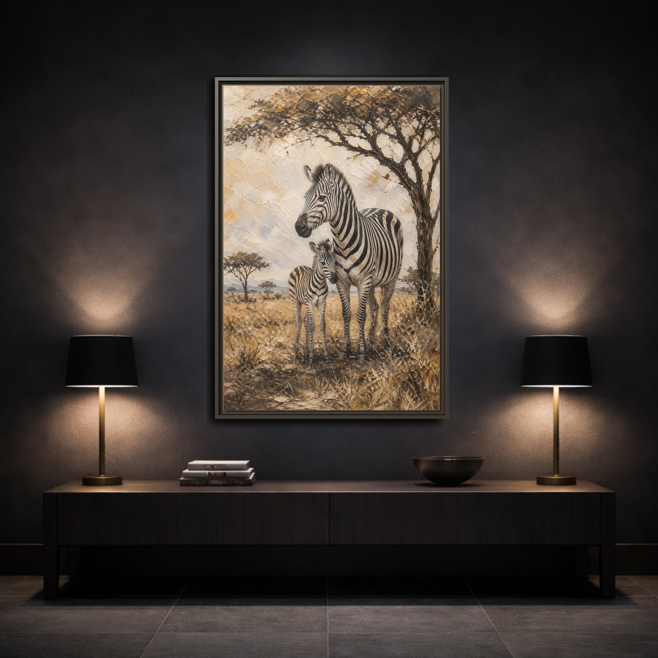 Mockup 3. Animals Zebra Family Brown And Beige Zebras shown as stretched canvas wall art