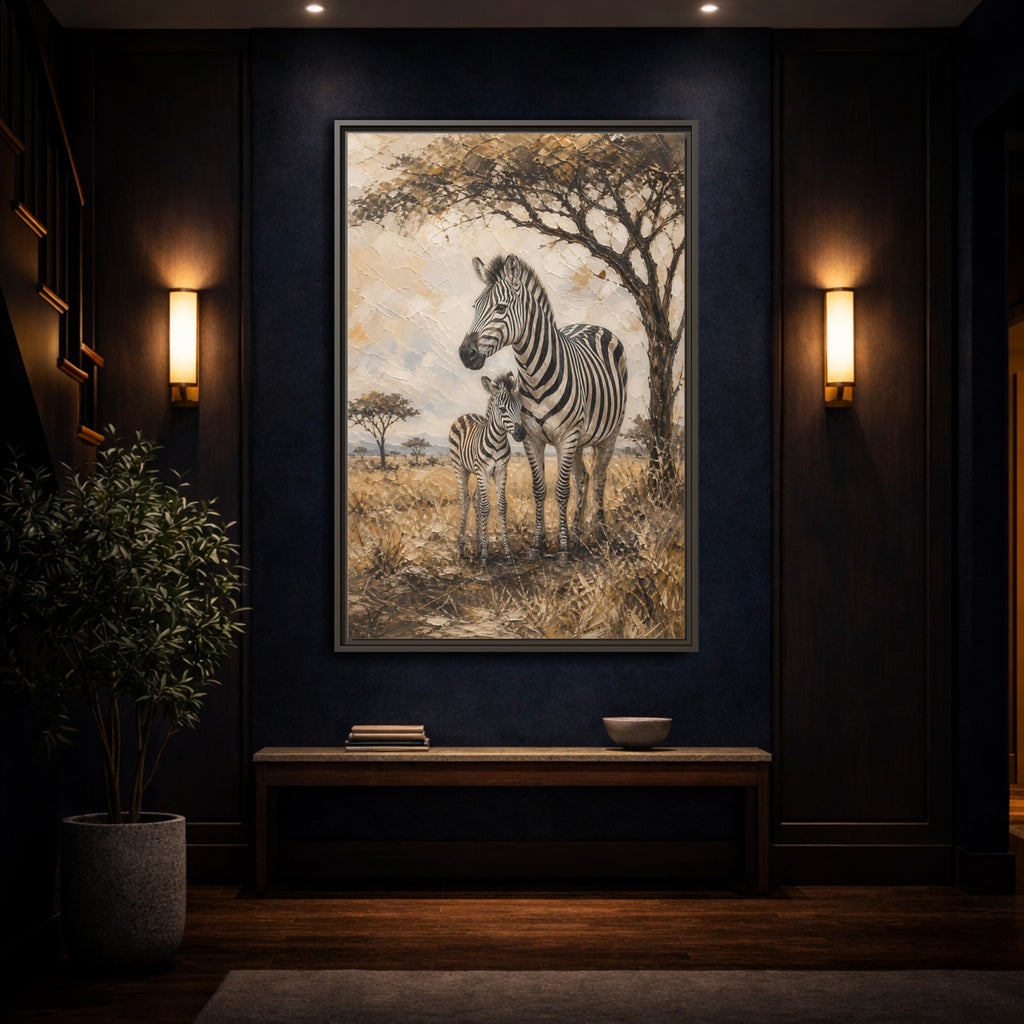 Mockup 4. Animals Zebra Family Brown And Beige Zebras shown as stretched canvas wall art