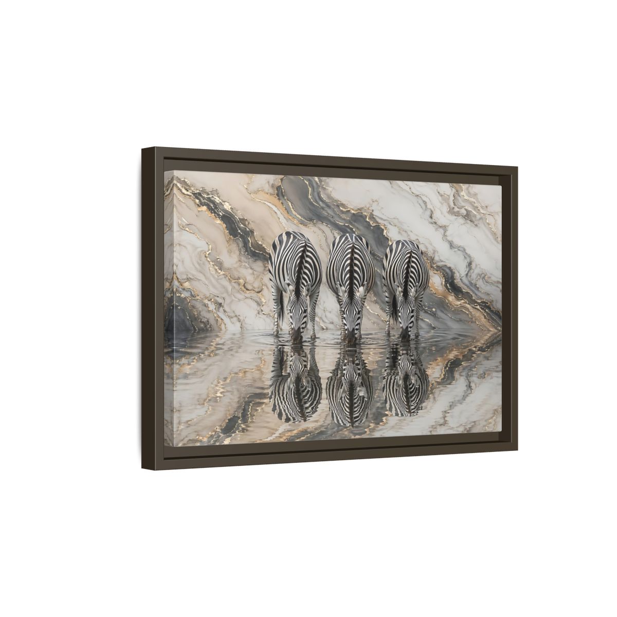 Side Mockup 5. Animals Zebras Black White Gold shown as stretched canvas wall art