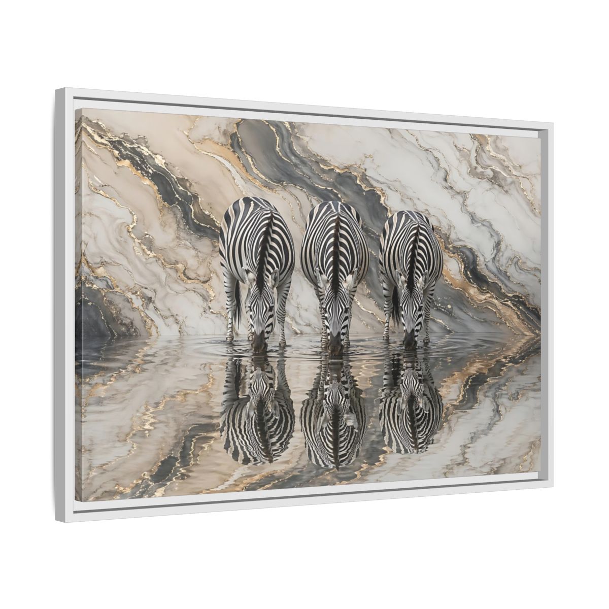 Side Mockup 10. Animals Zebras Black White Gold shown as stretched canvas wall art