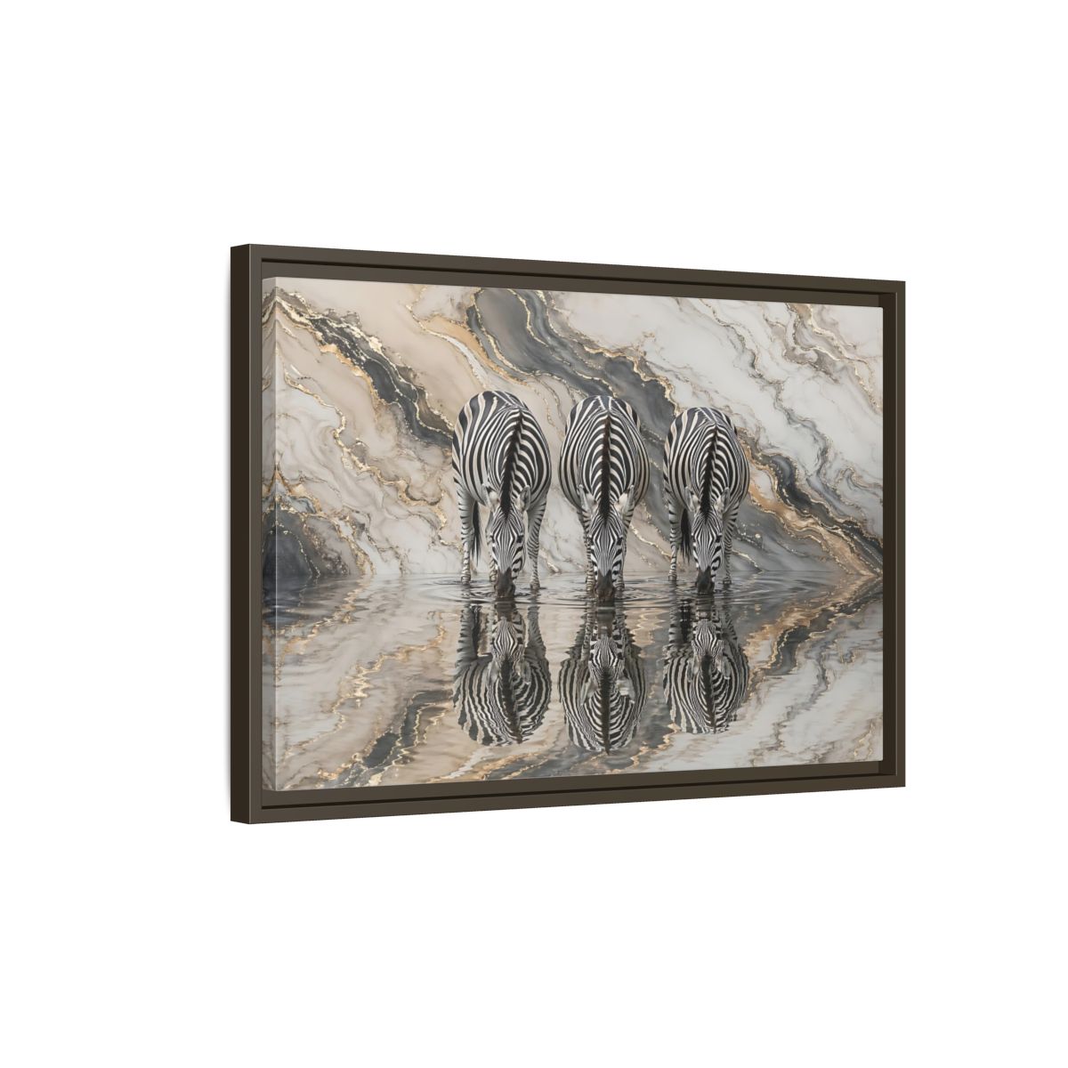 Side Mockup 2. Animals Zebras Black White Gold shown as stretched canvas wall art