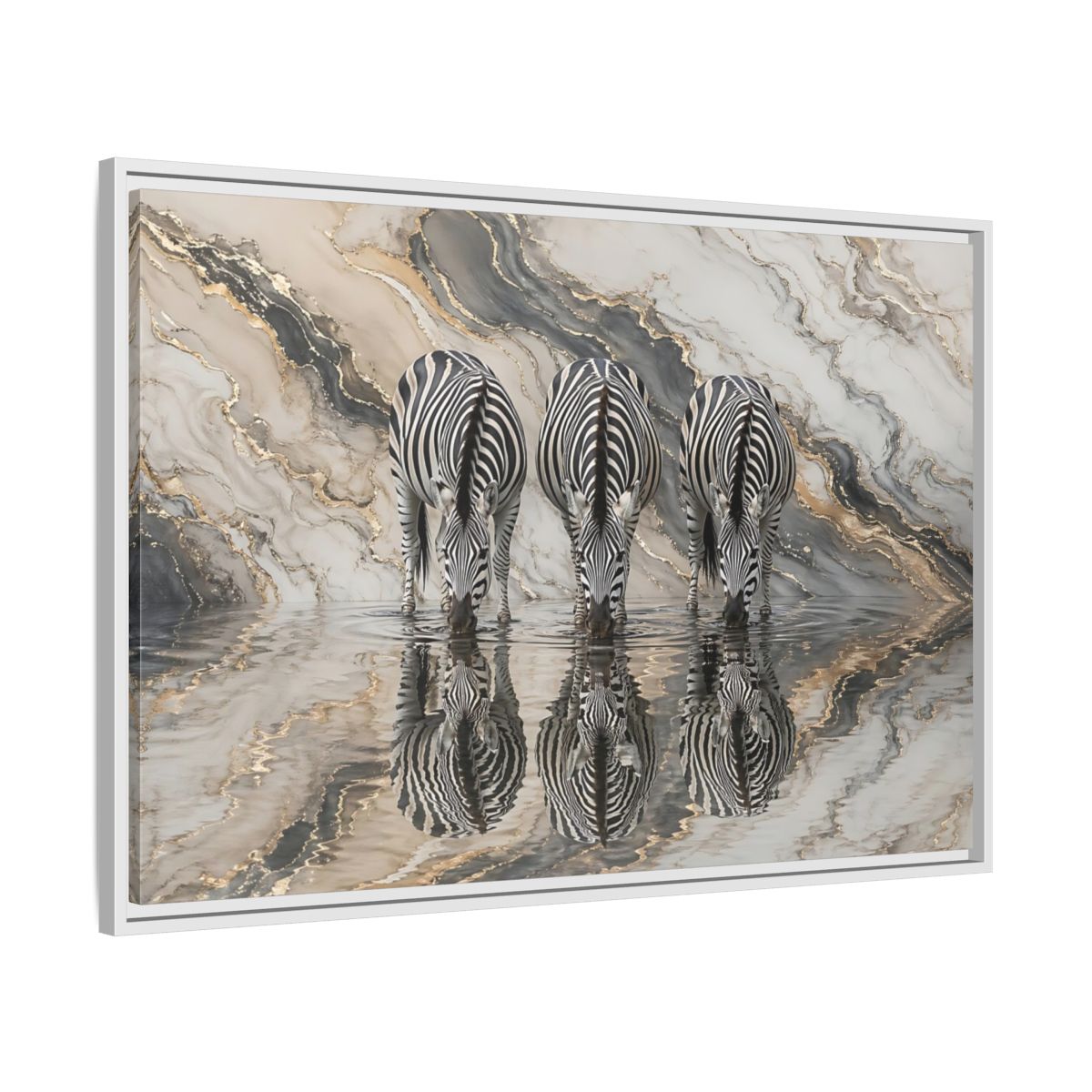 Side Mockup 9. Animals Zebras Black White Gold shown as stretched canvas wall art