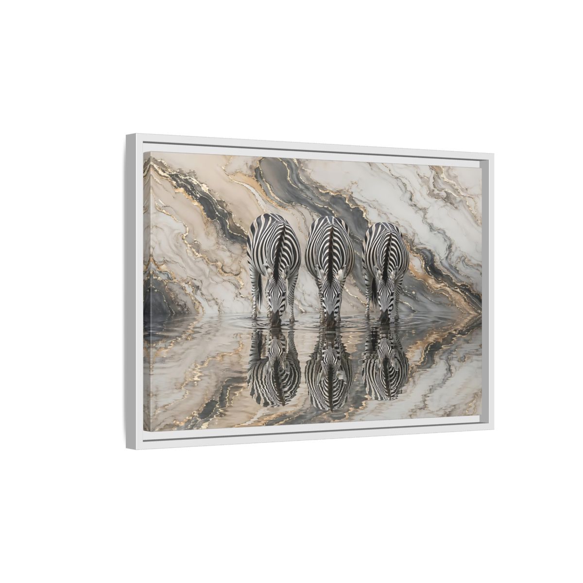Side Mockup 1. Animals Zebras Black White Gold shown as stretched canvas wall art