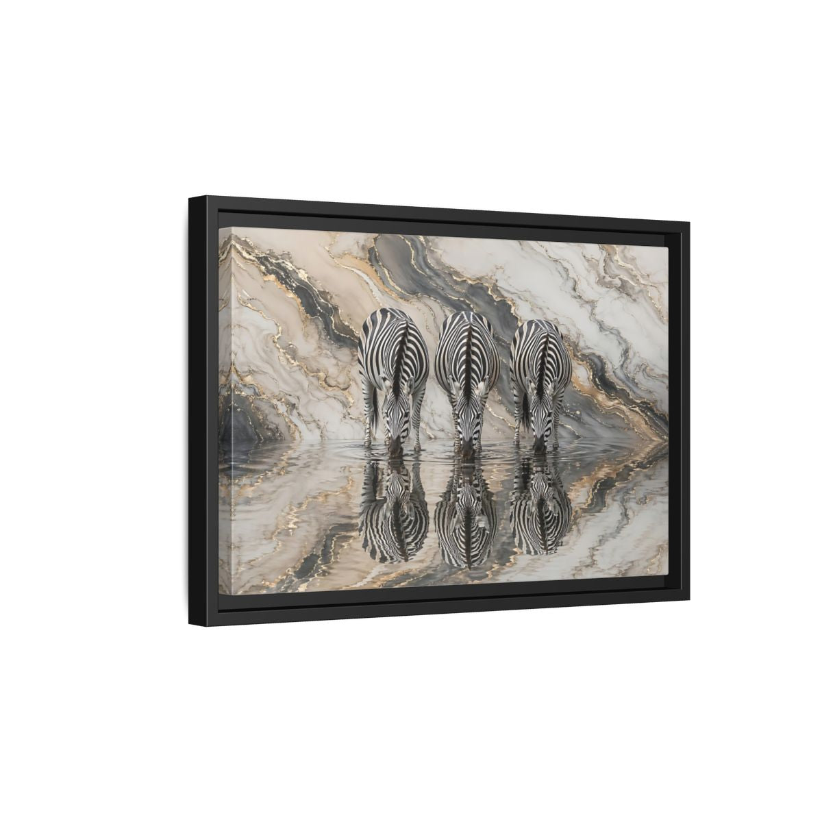 Side Mockup 6. Animals Zebras Black White Gold shown as stretched canvas wall art
