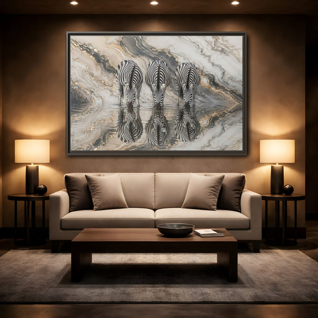 Mockup 2. Animals Zebras Black White Gold shown as stretched canvas wall art