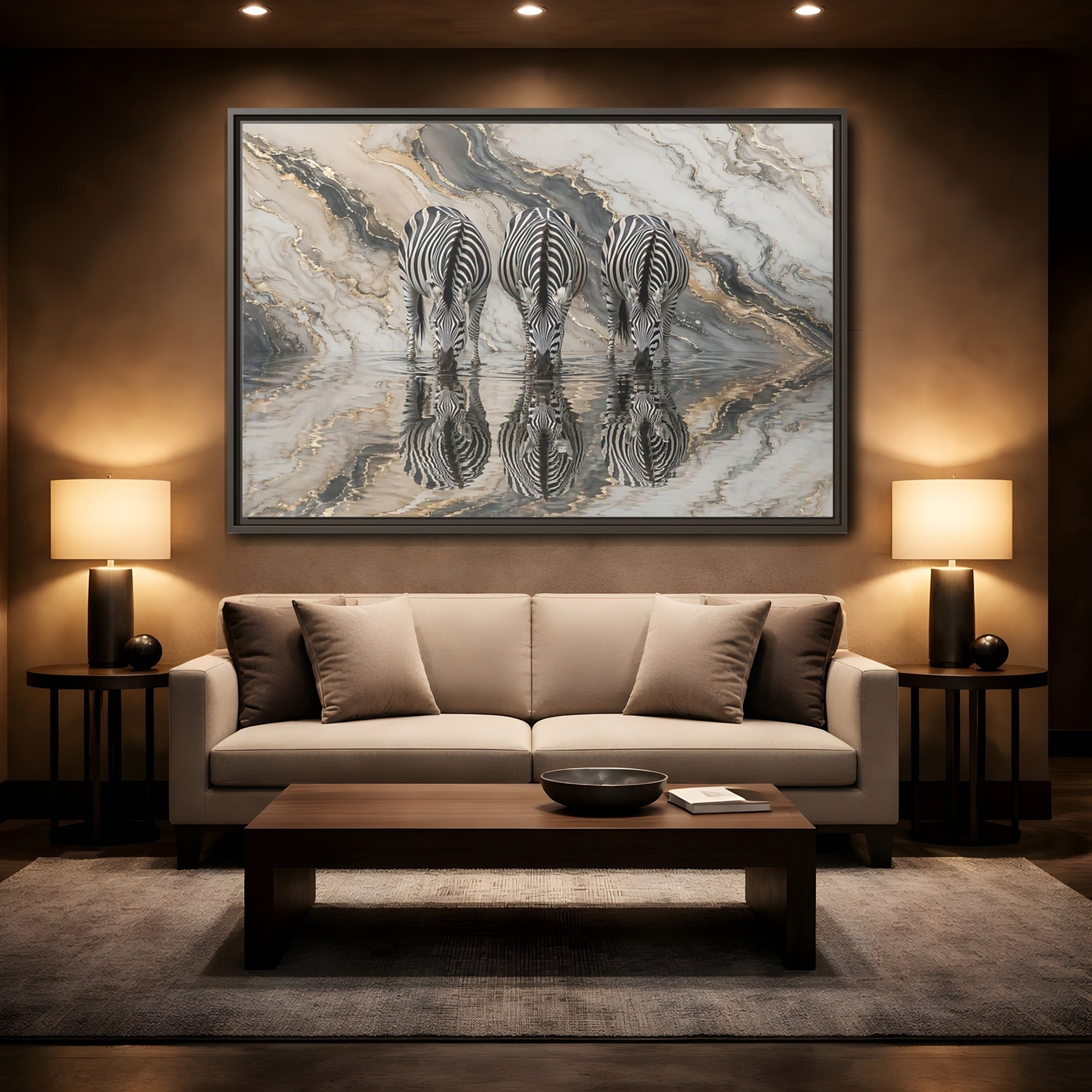 Mockup 2. Animals Zebras Black White Gold shown as stretched canvas wall art