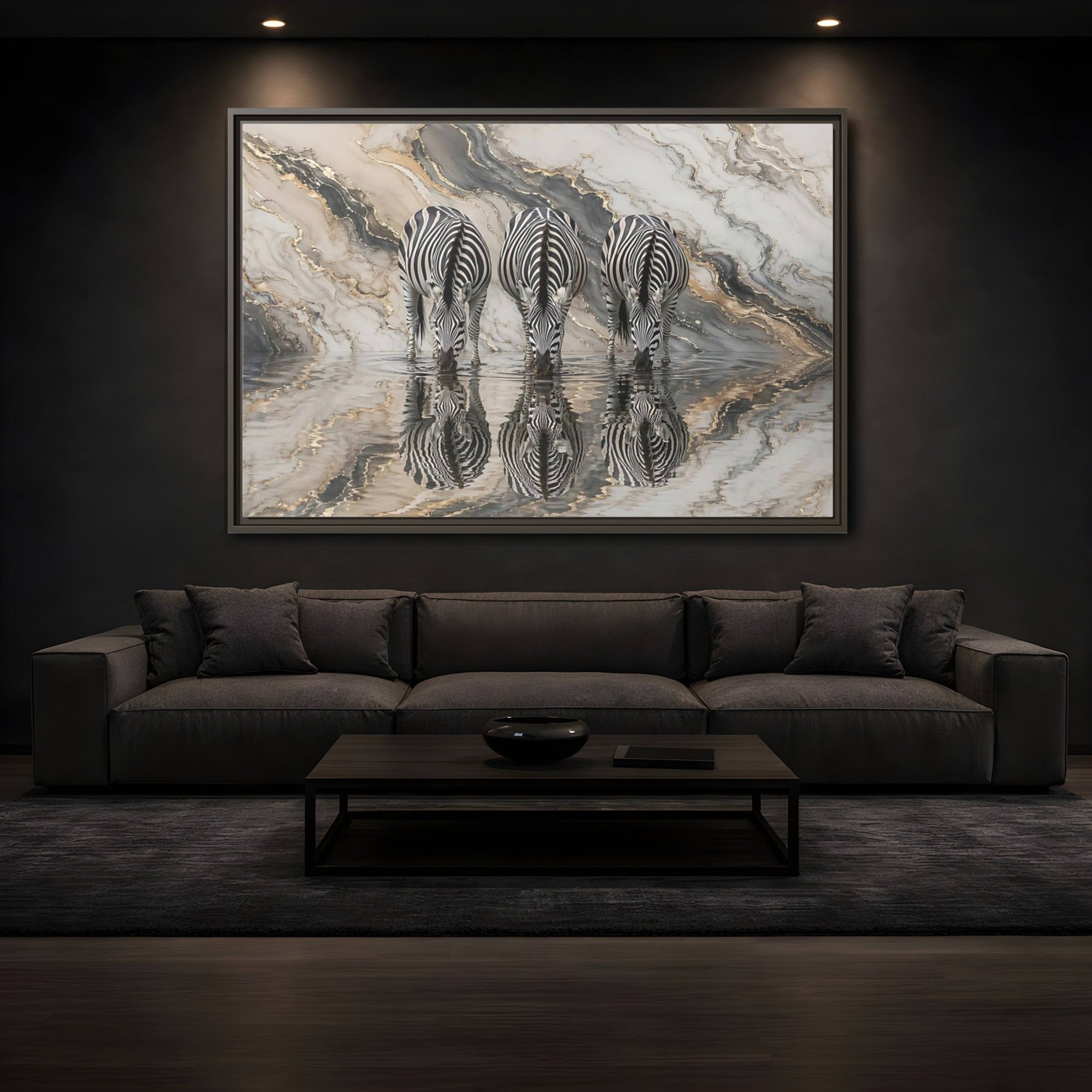 Mockup 3. Animals Zebras Black White Gold shown as stretched canvas wall art