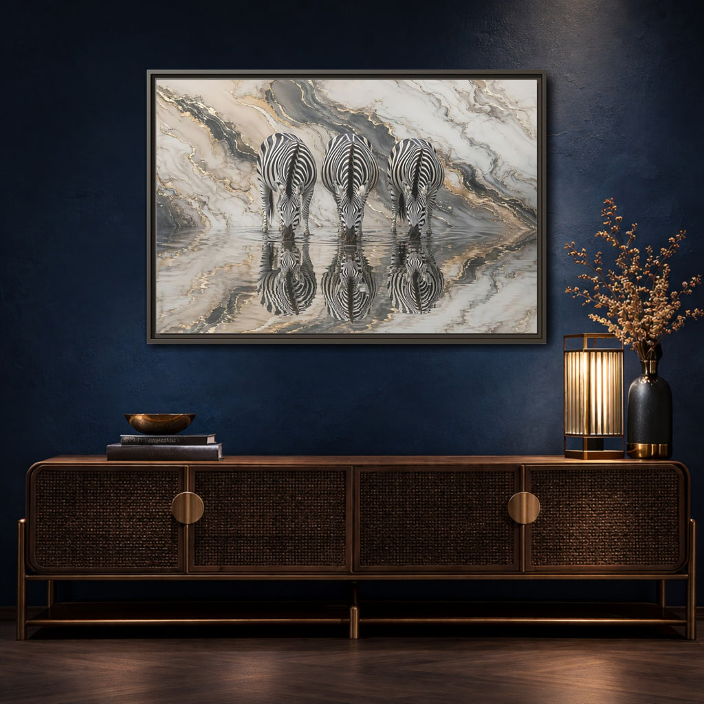 Mockup 4. Animals Zebras Black White Gold shown as stretched canvas wall art