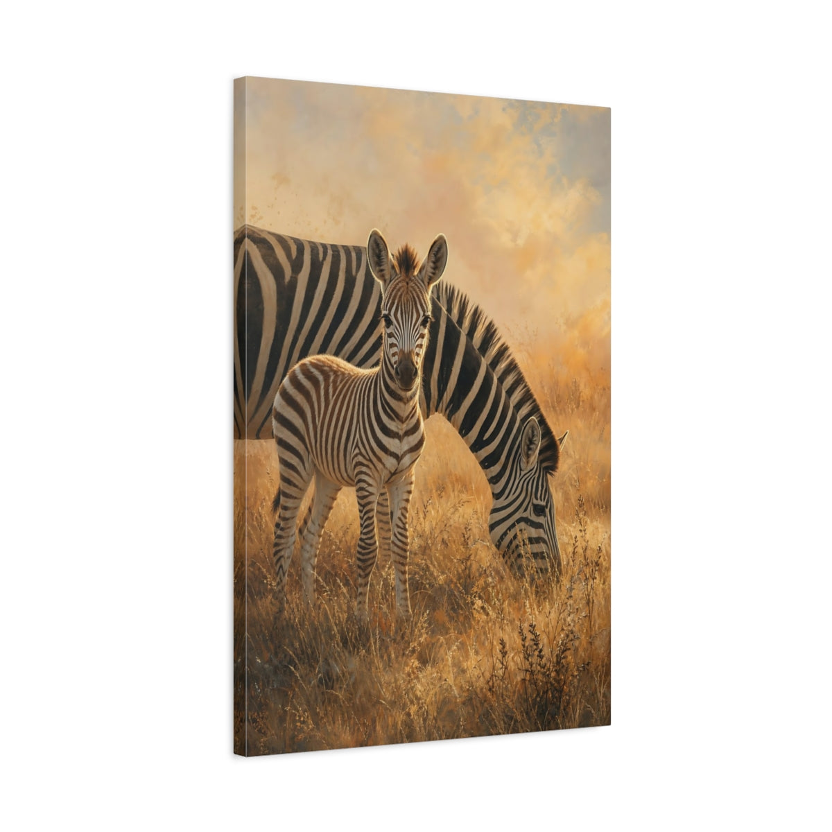 Side Mockup 2. Animals Zebras Golden Zebras shown as stretched canvas wall art