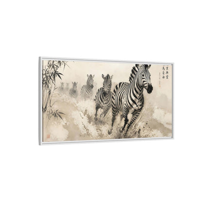 Side Mockup 3. Animals Zebras Monochrome Zebras shown as stretched canvas wall art