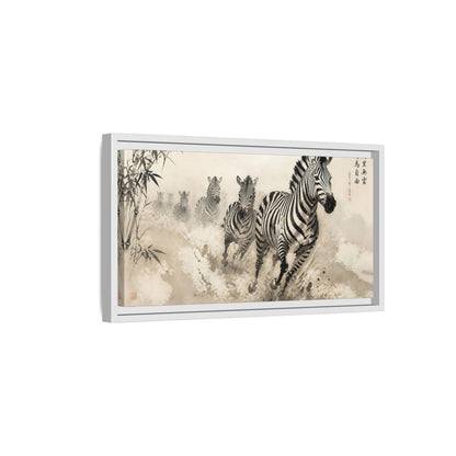 Side Mockup 6. Animals Zebras Monochrome Zebras shown as stretched canvas wall art