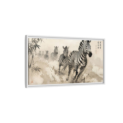 Side Mockup 1. Animals Zebras Monochrome Zebras shown as stretched canvas wall art