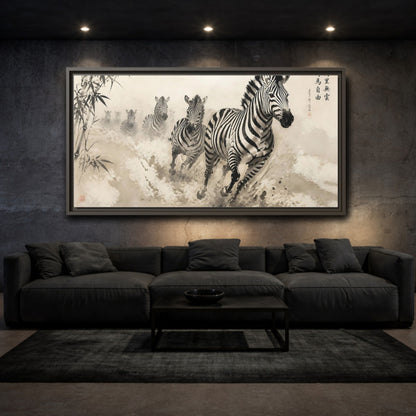 Mockup 3. Animals Zebras Monochrome Zebras shown as stretched canvas wall art