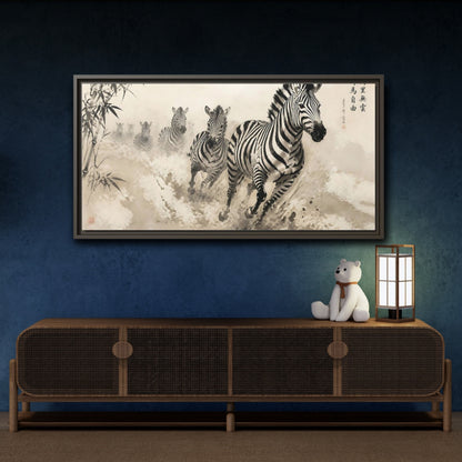 Mockup 4. Animals Zebras Monochrome Zebras shown as stretched canvas wall art