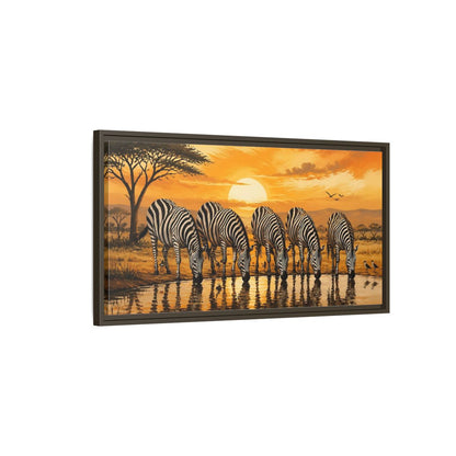 Main Mockup. Animals Zebras Orange And Black shown as stretched canvas wall art
