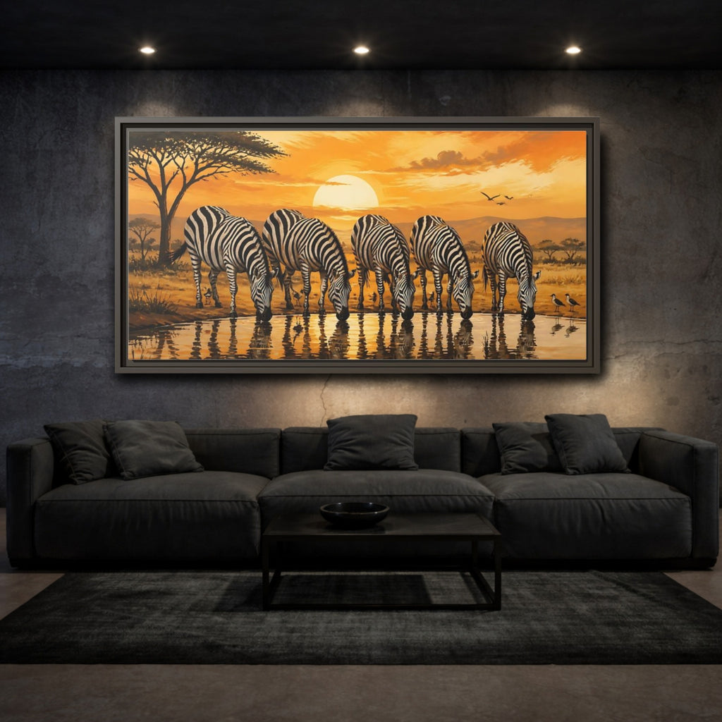 Mockup 2. Animals Zebras Orange And Black shown as stretched canvas wall art
