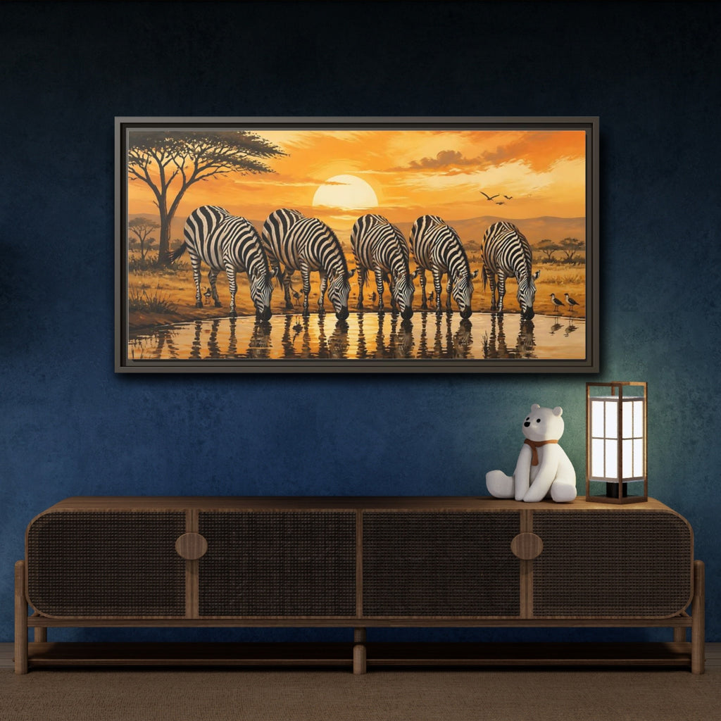Mockup 4. Animals Zebras Orange And Black shown as stretched canvas wall art