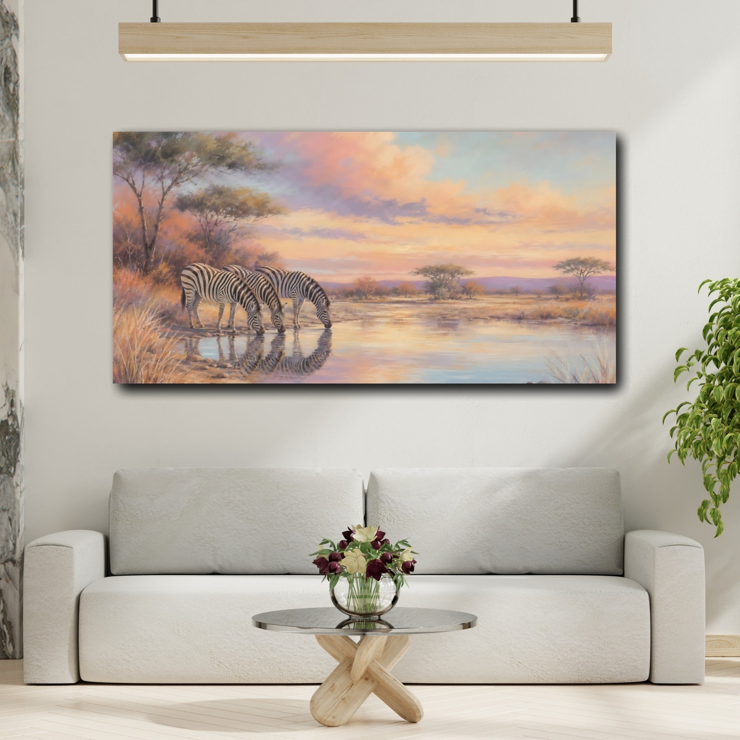 Mockup 2. Animals Zebras Pastel Savanna shown as stretched canvas wall art