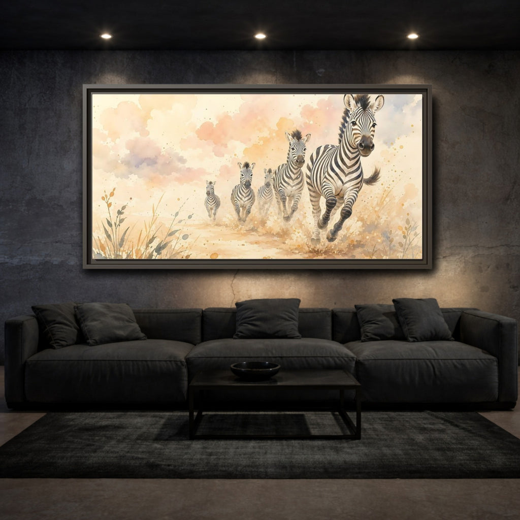 Mockup 3. Animals Zebras Watercolor Zebras shown as stretched canvas wall art