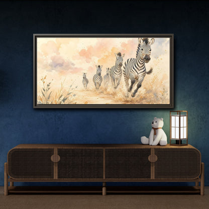 Mockup 4. Animals Zebras Watercolor Zebras shown as stretched canvas wall art