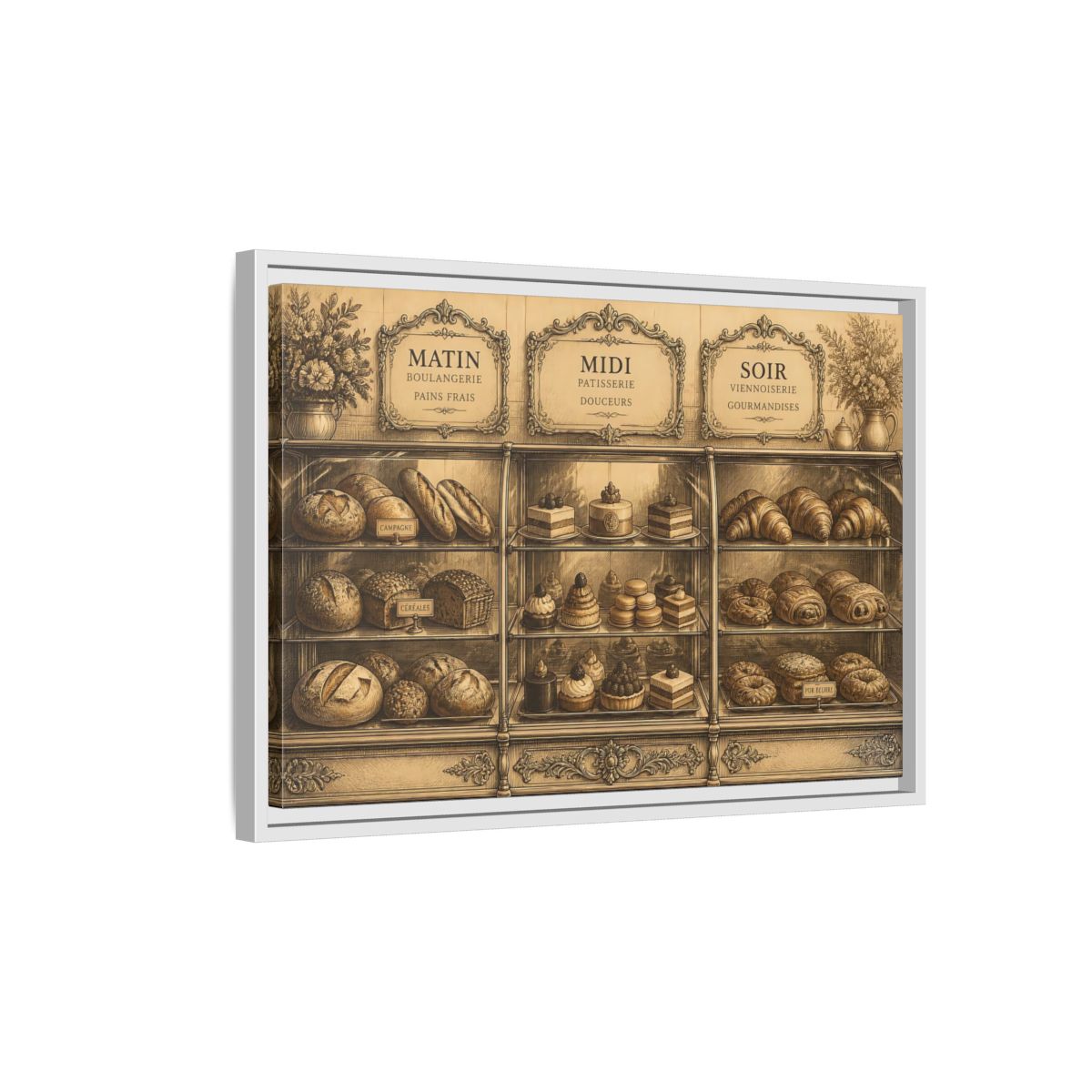 Side Mockup 1. Antique Pastry Display shown as framed canvas print