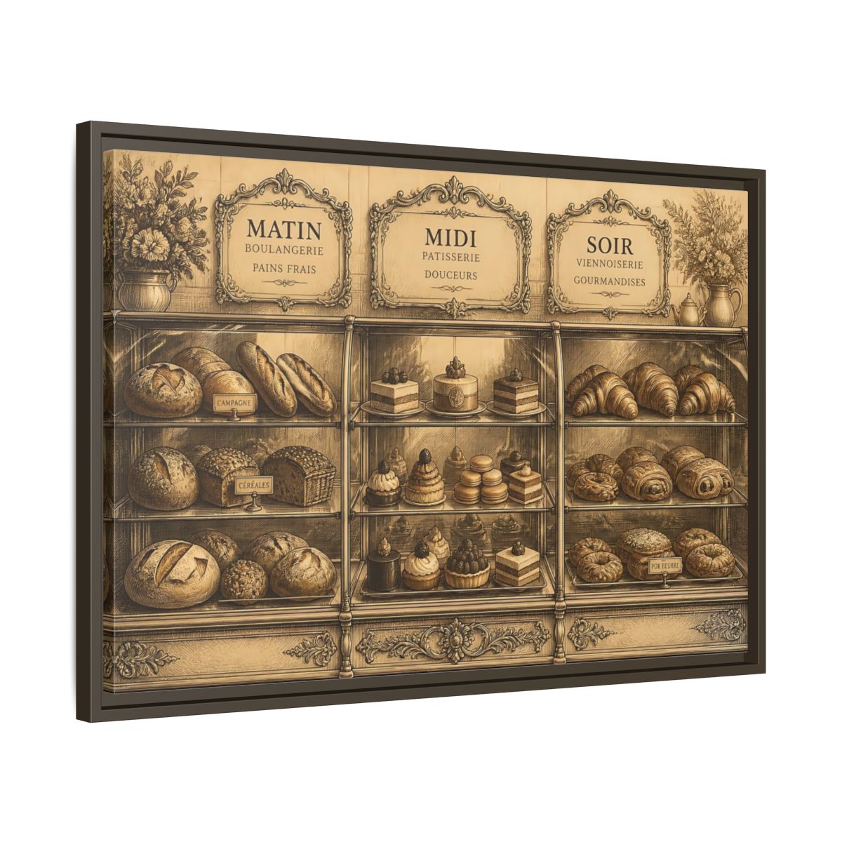 Side Mockup 11. Antique Pastry Display shown as framed canvas print