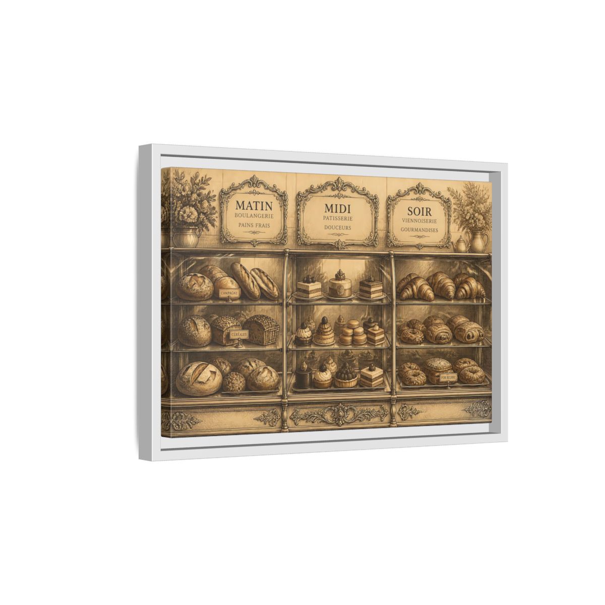 Side Mockup 4. Antique Pastry Display shown as framed canvas print