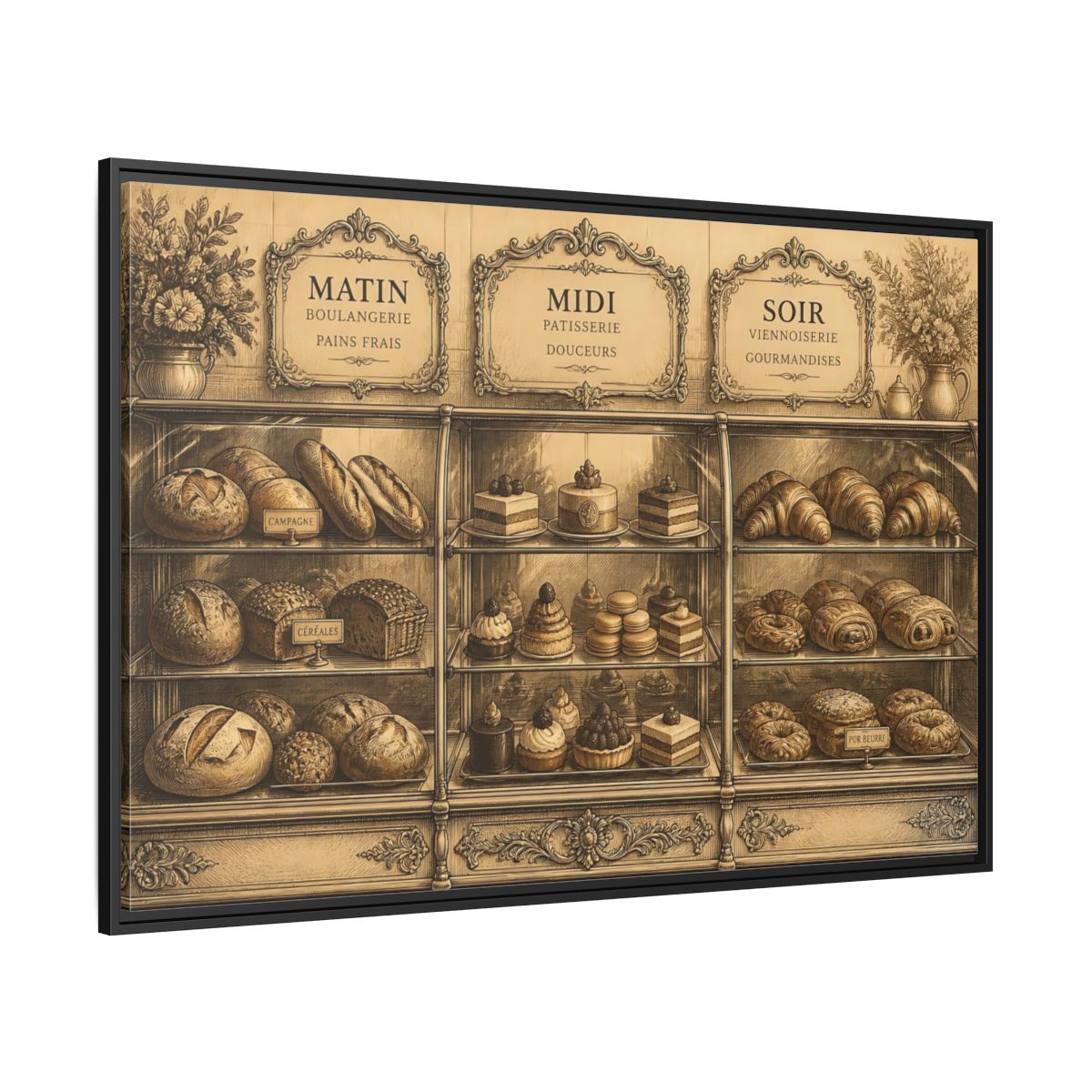 Side Mockup 12. Antique Pastry Display shown as framed canvas print