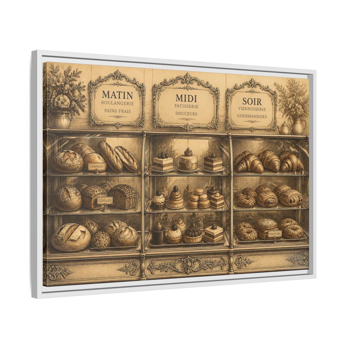 Side Mockup 10. Antique Pastry Display shown as framed canvas print