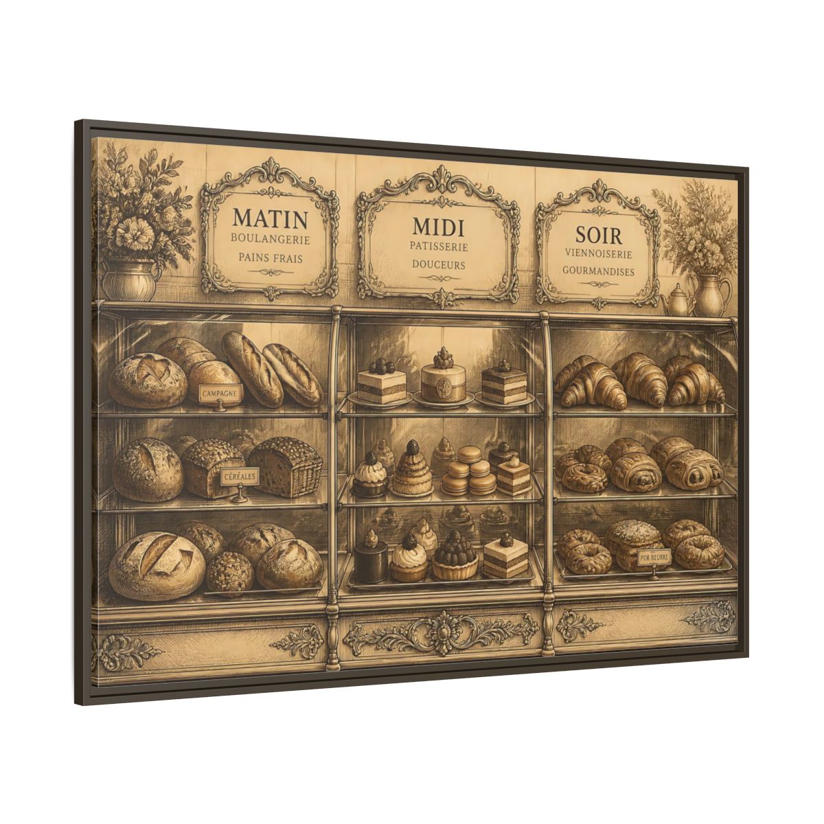 Side Mockup 8. Antique Pastry Display shown as framed canvas print