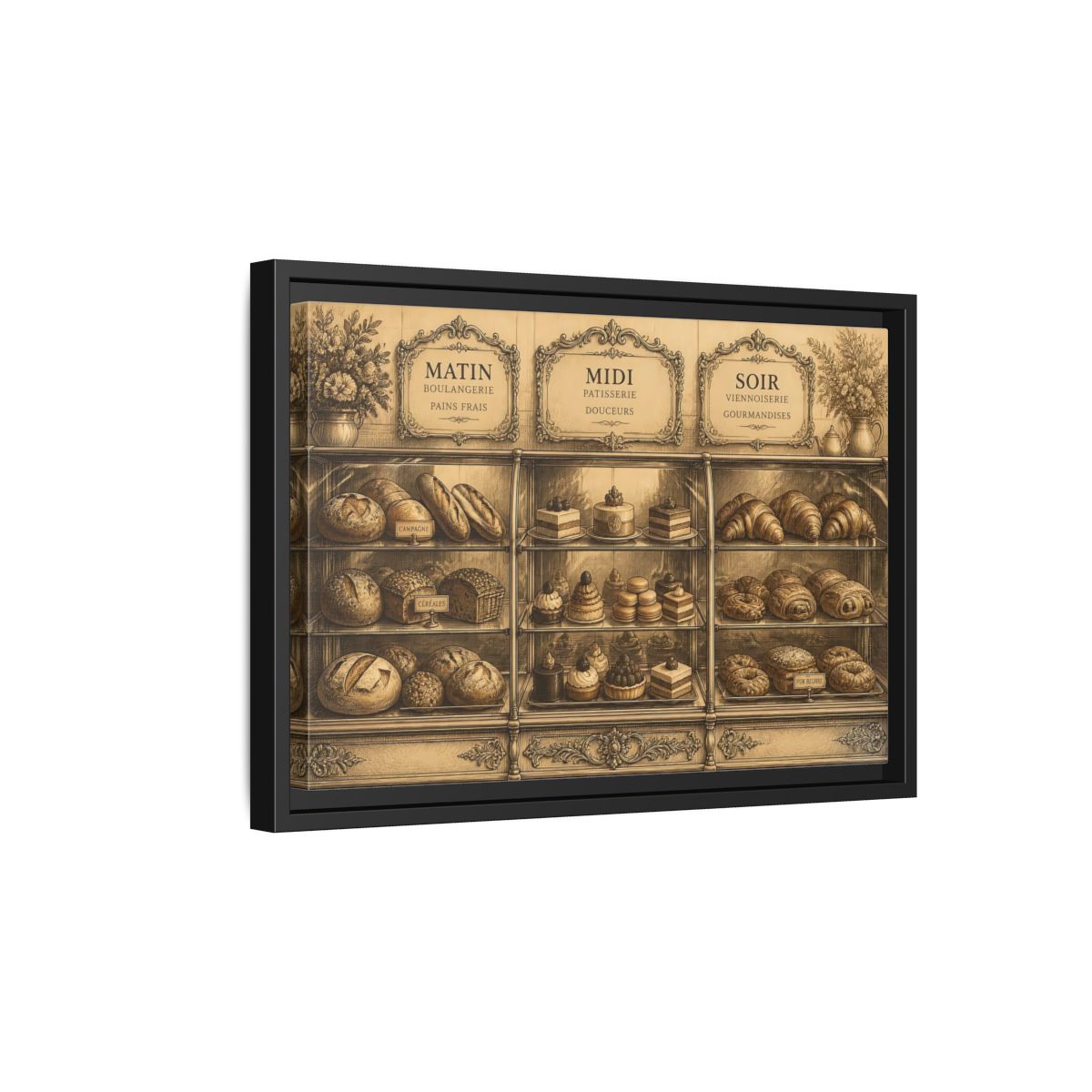 Side Mockup 6. Antique Pastry Display shown as framed canvas print