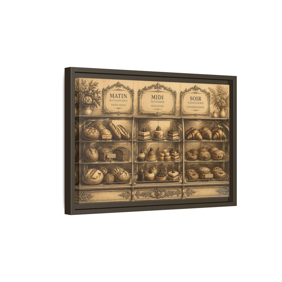 Side Mockup 5. Antique Pastry Display shown as framed canvas print