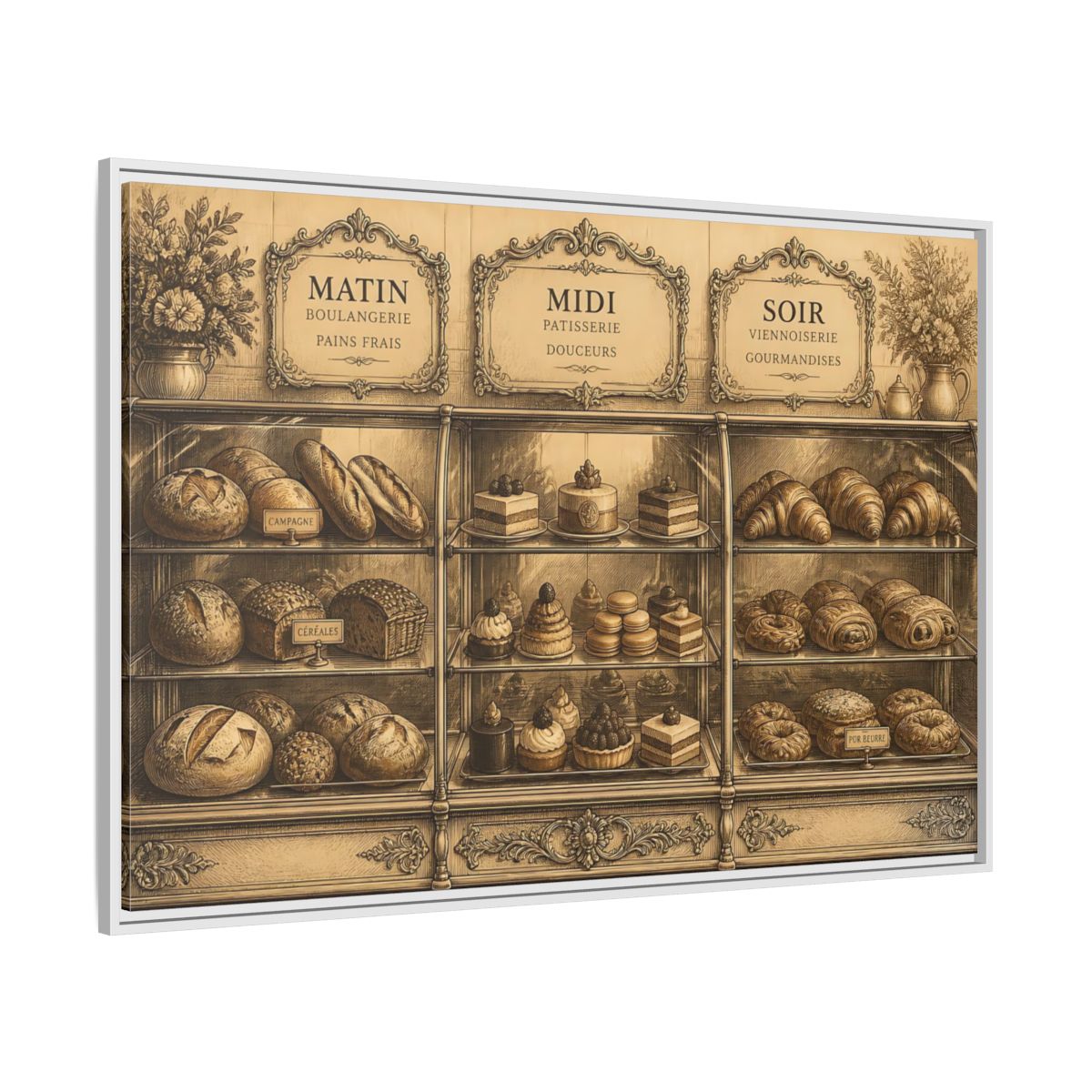 Side Mockup 7. Antique Pastry Display shown as framed canvas print