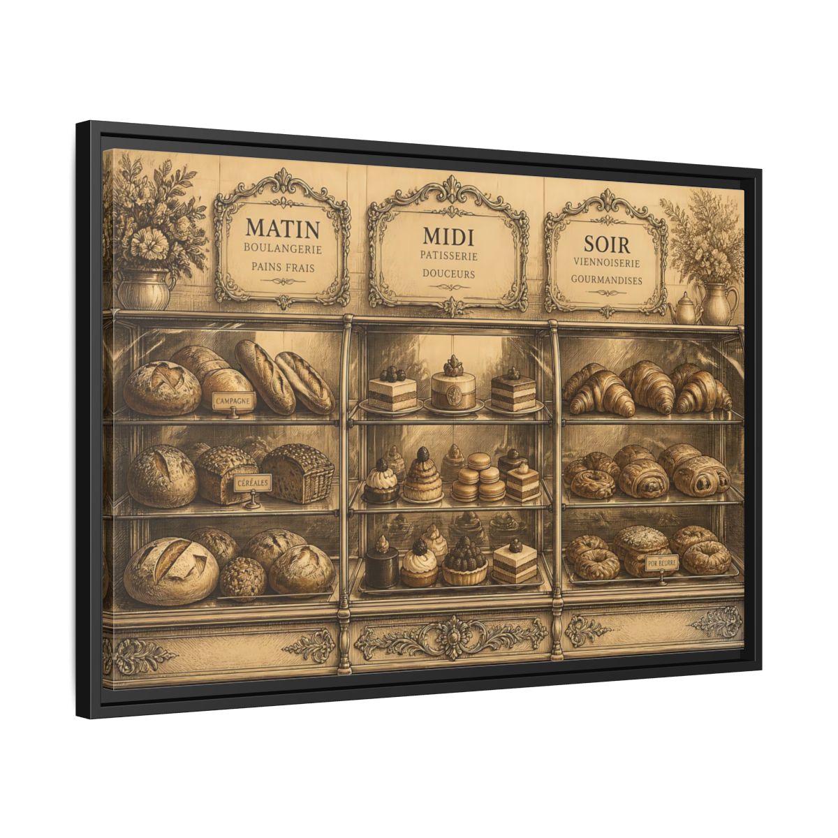 Side Mockup 14. Antique Pastry Display shown as framed canvas print