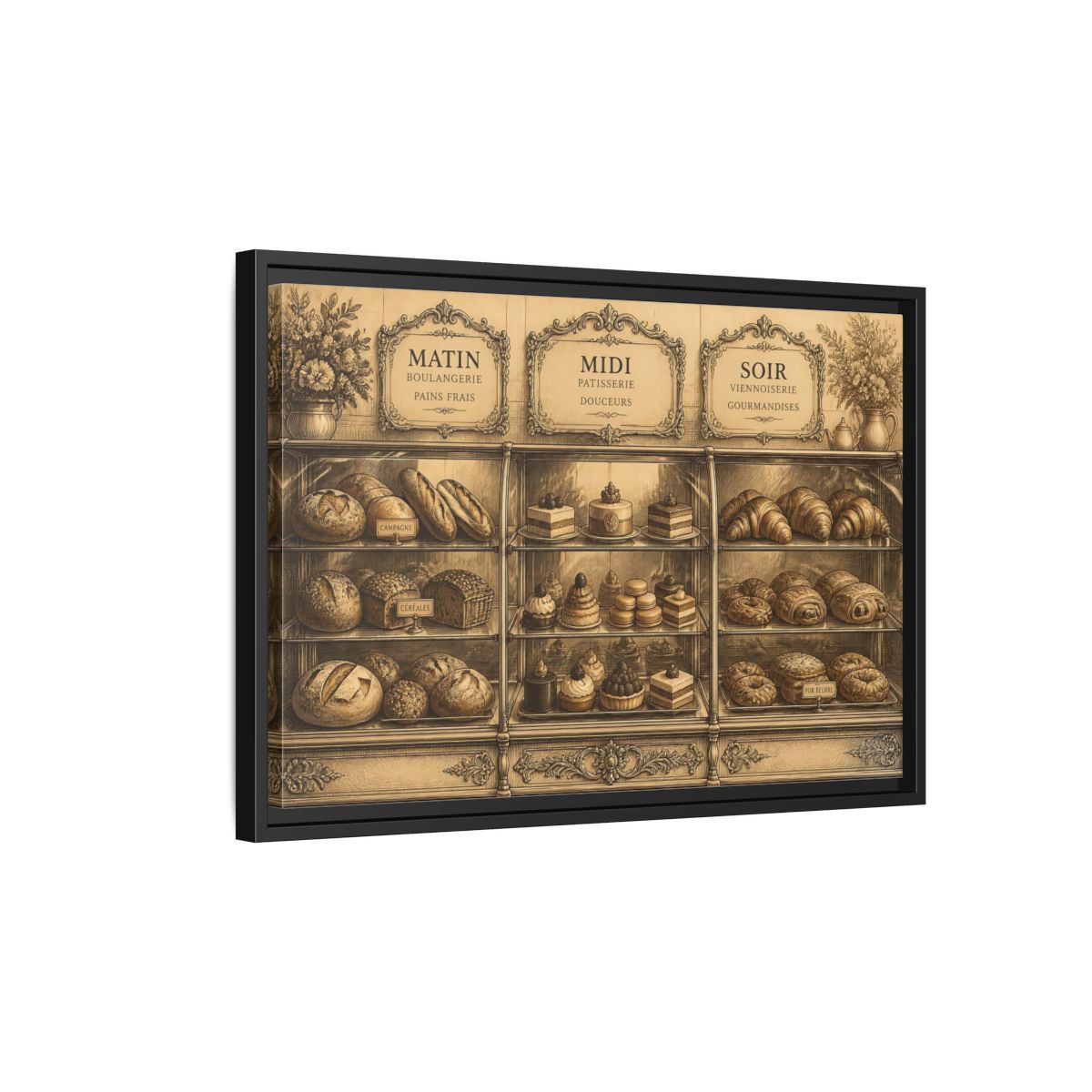 Side Mockup 3. Antique Pastry Display shown as framed canvas print