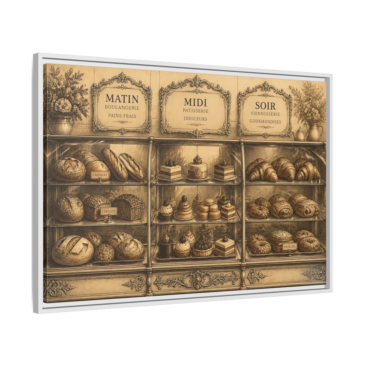 Side Mockup 9. Antique Pastry Display shown as framed canvas print
