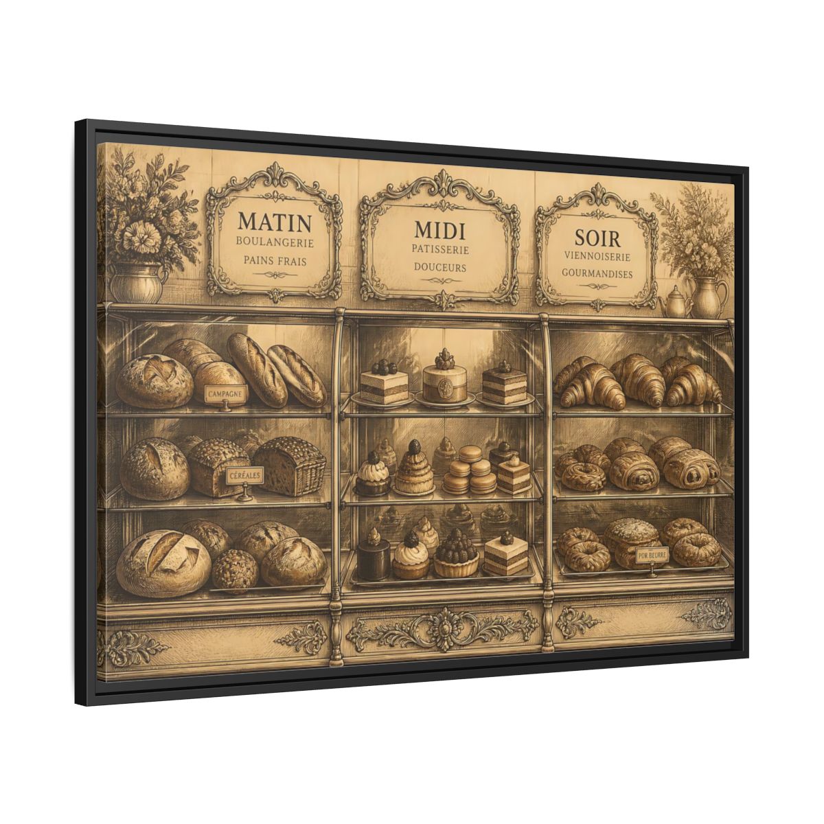 Side Mockup 13. Antique Pastry Display shown as framed canvas print