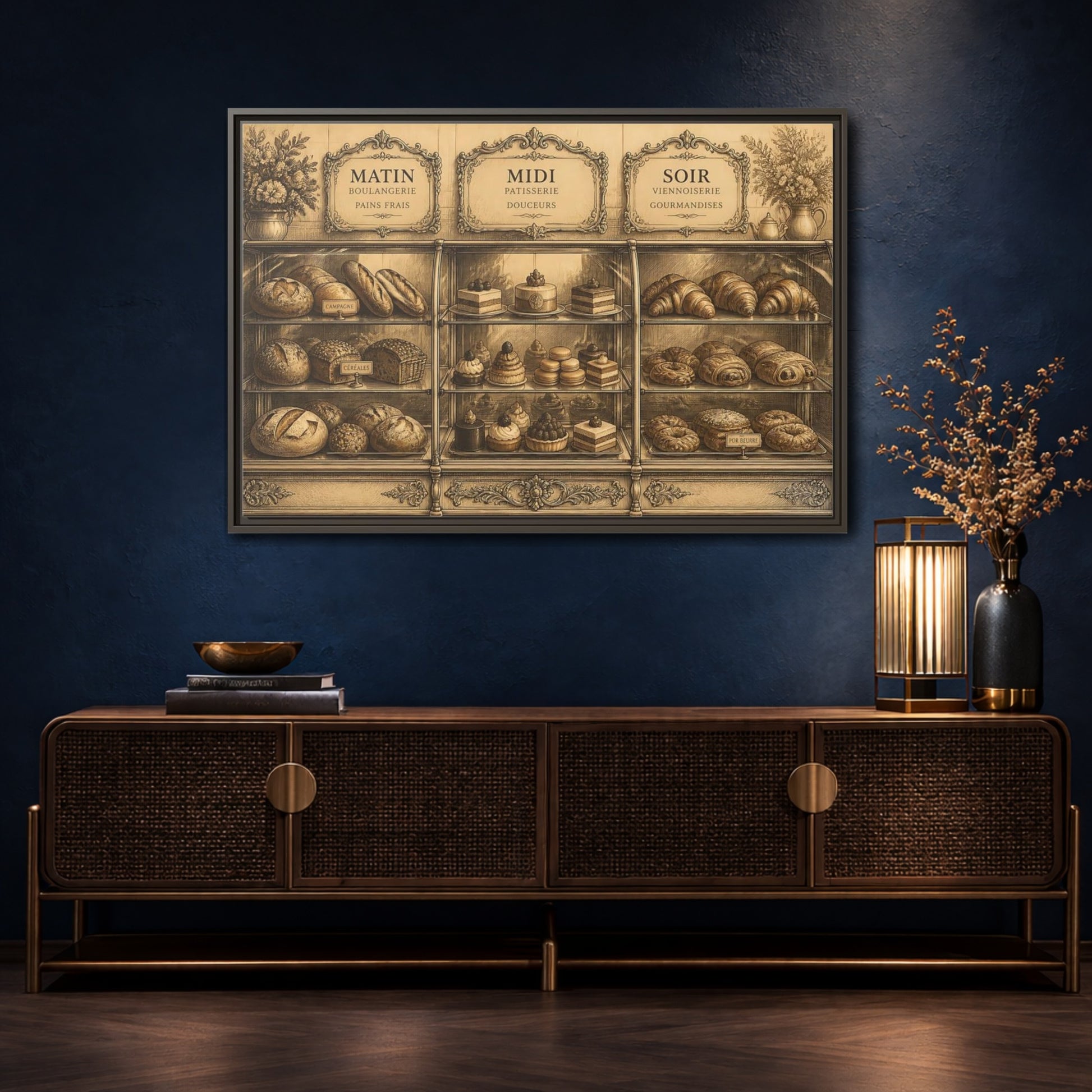 Mockup 4. Antique Pastry Display shown as framed canvas print