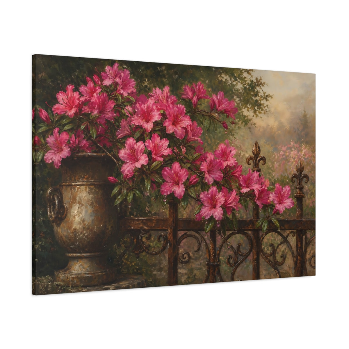 Side Mockup 1. Antique Still-Life Painting Azalea Branches Above Iron Gate With Dew Drops shown as stretched canvas wall art