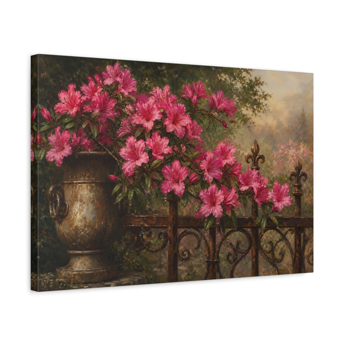 Side Mockup 3. Antique Still-Life Painting Azalea Branches Above Iron Gate With Dew Drops shown as stretched canvas wall art