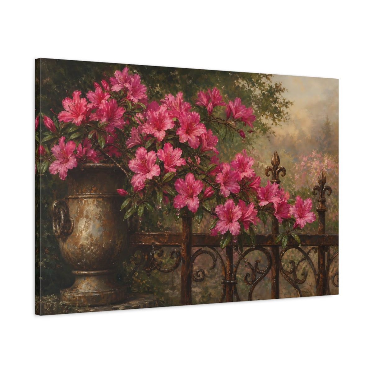 Main Mockup. Antique Still-Life Painting Azalea Branches Above Iron Gate With Dew Drops shown as stretched canvas wall art