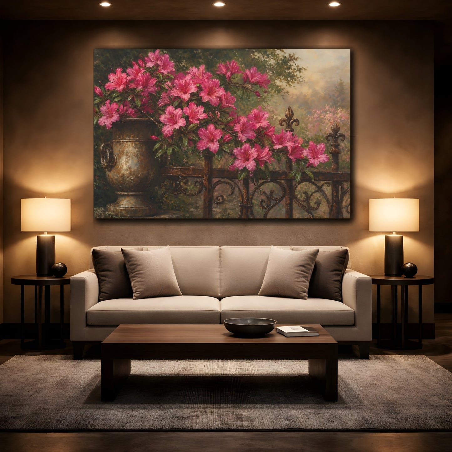 Mockup 2. Antique Still-Life Painting Azalea Branches Above Iron Gate With Dew Drops shown as stretched canvas wall art