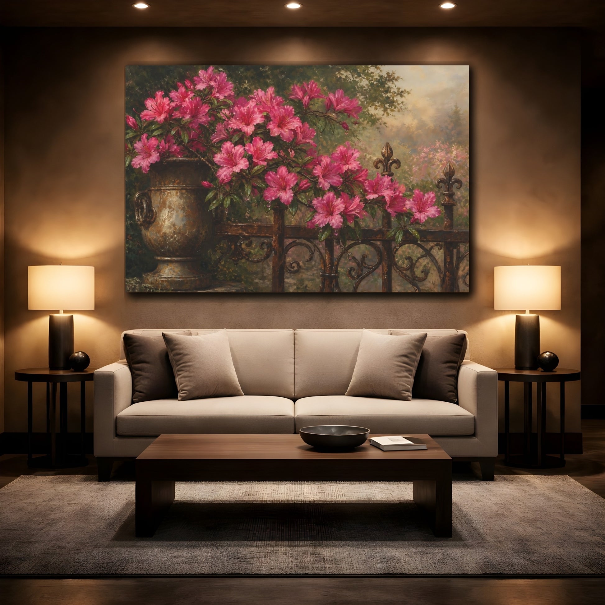 Mockup 2. Antique Still-Life Painting Azalea Branches Above Iron Gate With Dew Drops shown as stretched canvas wall art