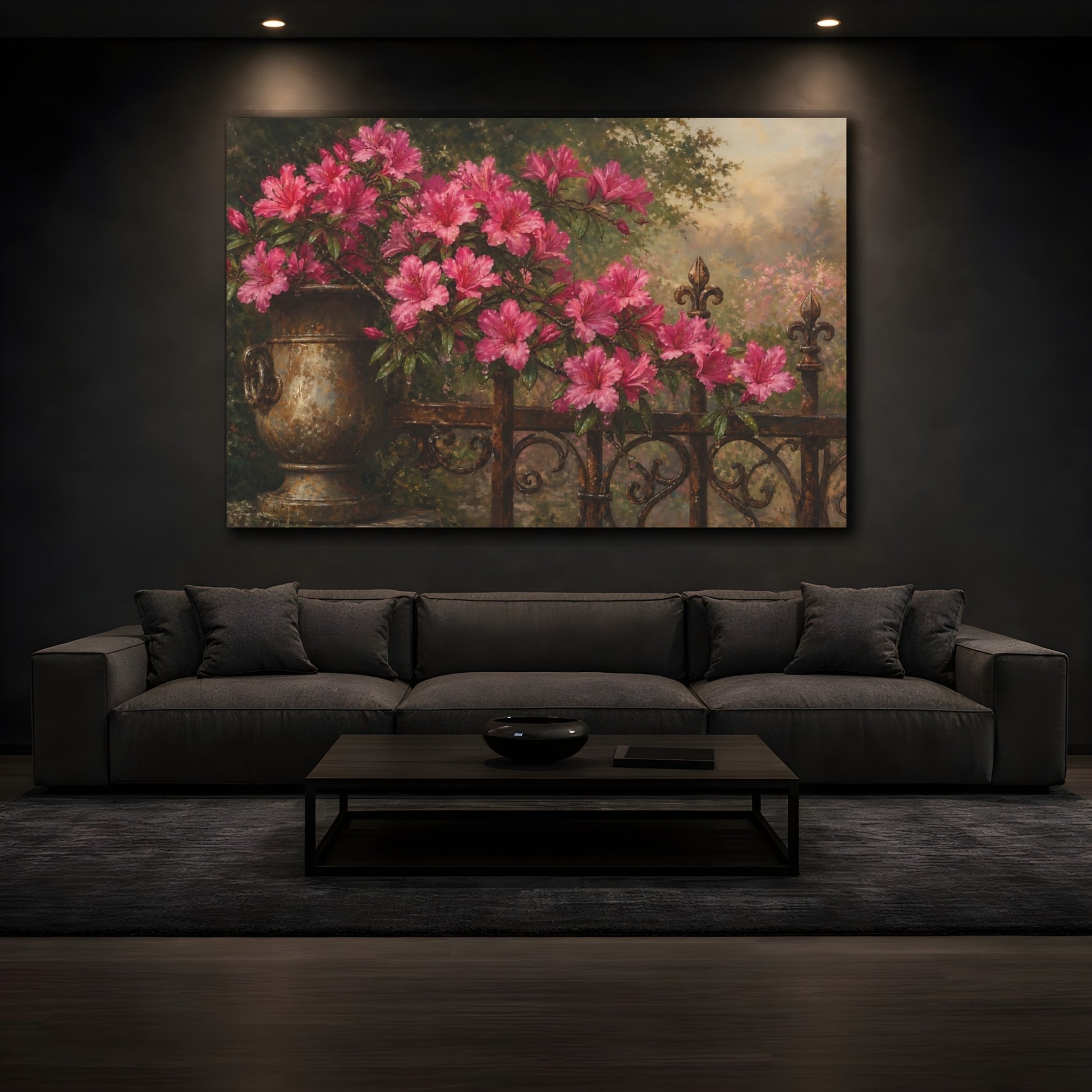 Mockup 3. Antique Still-Life Painting Azalea Branches Above Iron Gate With Dew Drops shown as stretched canvas wall art