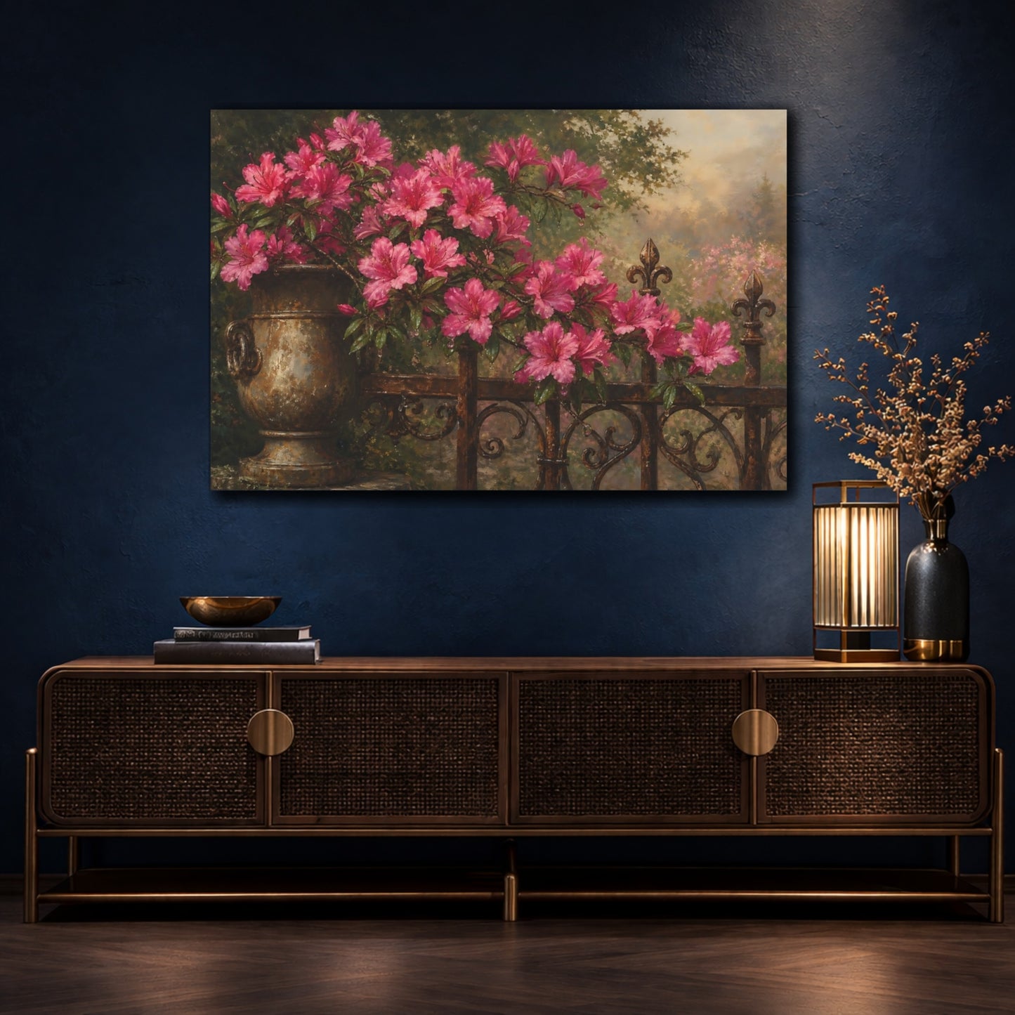 Mockup 4. Antique Still-Life Painting Azalea Branches Above Iron Gate With Dew Drops shown as stretched canvas wall art