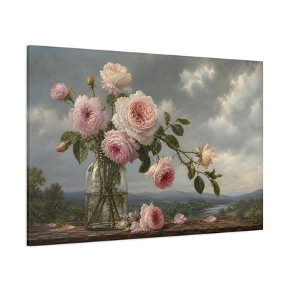 Side Mockup 1. Antique Still-Life Painting Blush Roses In Clear Bottle Beneath Overcast Sky shown as stretched canvas wall art