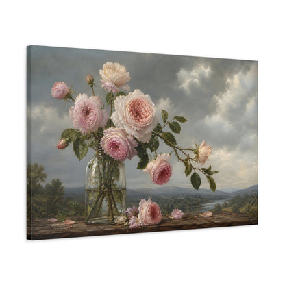 Side Mockup 2. Antique Still-Life Painting Blush Roses In Clear Bottle Beneath Overcast Sky shown as stretched canvas wall art
