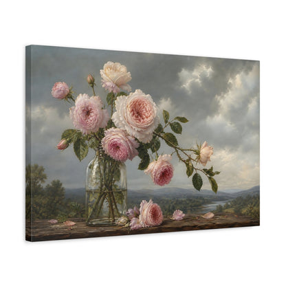 Side Mockup 3. Antique Still-Life Painting Blush Roses In Clear Bottle Beneath Overcast Sky shown as stretched canvas wall art