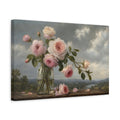 Side Mockup 4. Antique Still-Life Painting Blush Roses In Clear Bottle Beneath Overcast Sky shown as stretched canvas wall art